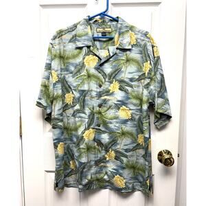 Tommy Bahama Shirt 100% Silk Hawaiian Men’s Medium Blue Green Tropical Camp